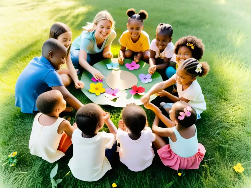 Un grupo de niños haciendo manualidades ecológicas en un campo, rodeados de naturaleza y sonrisas