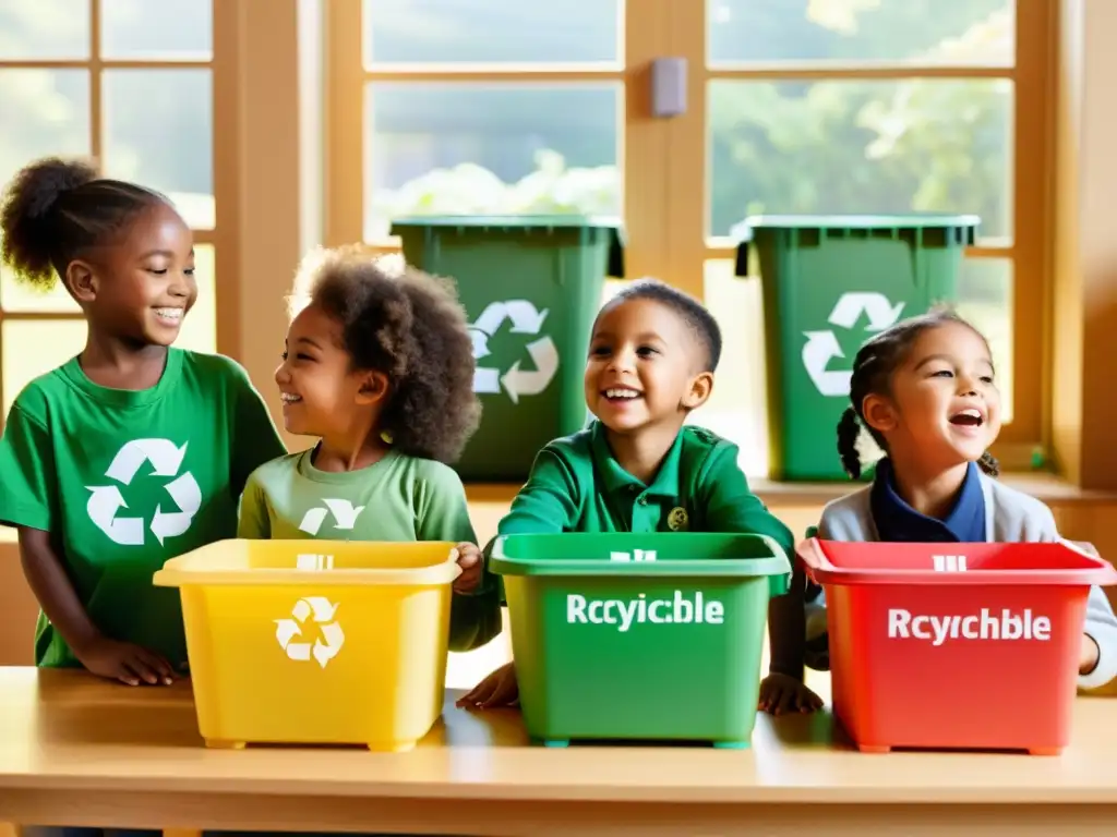 Grupo de niños clasificando materiales reciclables en coloridos contenedores