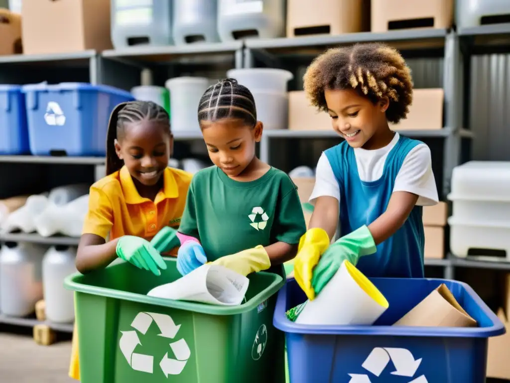 Grupo de niños diversos clasificando materiales reciclables con entusiasmo en un centro de reciclaje