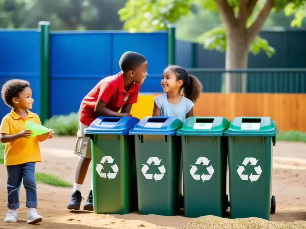 Un grupo de niños diversos clasificando entusiastamente materiales reciclables en el patio de juegos