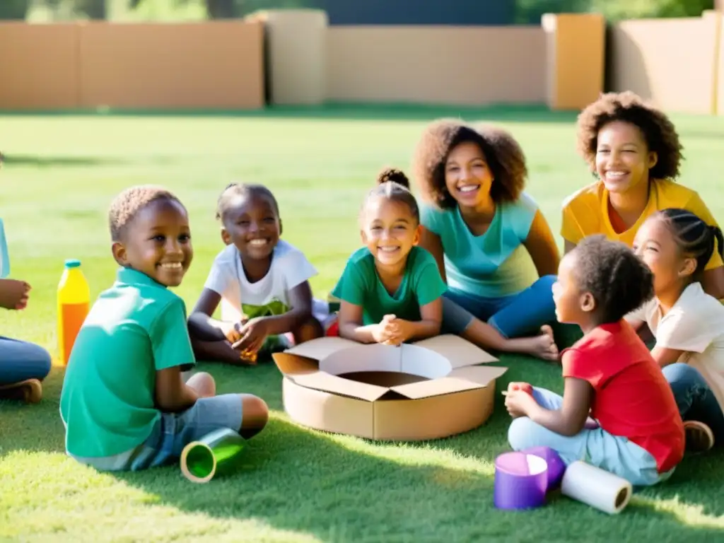 Un grupo de niños sonriendo mientras participan en juegos reciclaje para niños, rodeados de materiales reciclados en un campo soleado