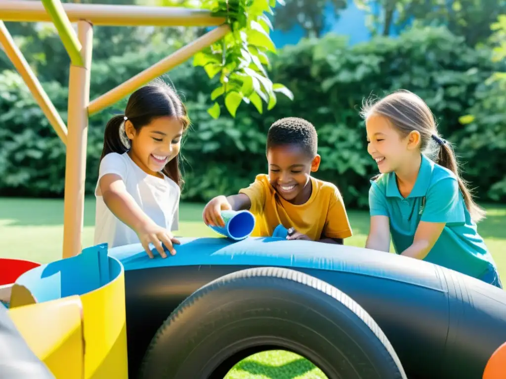 Grupo de niños construyendo un parque de juegos colorido con materiales reciclados, rodeados de naturaleza y cielo azul