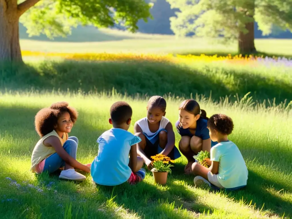 Un grupo de niños diversos cuidando plantas en un campo rodeado de árboles y flores silvestres, bajo el sol