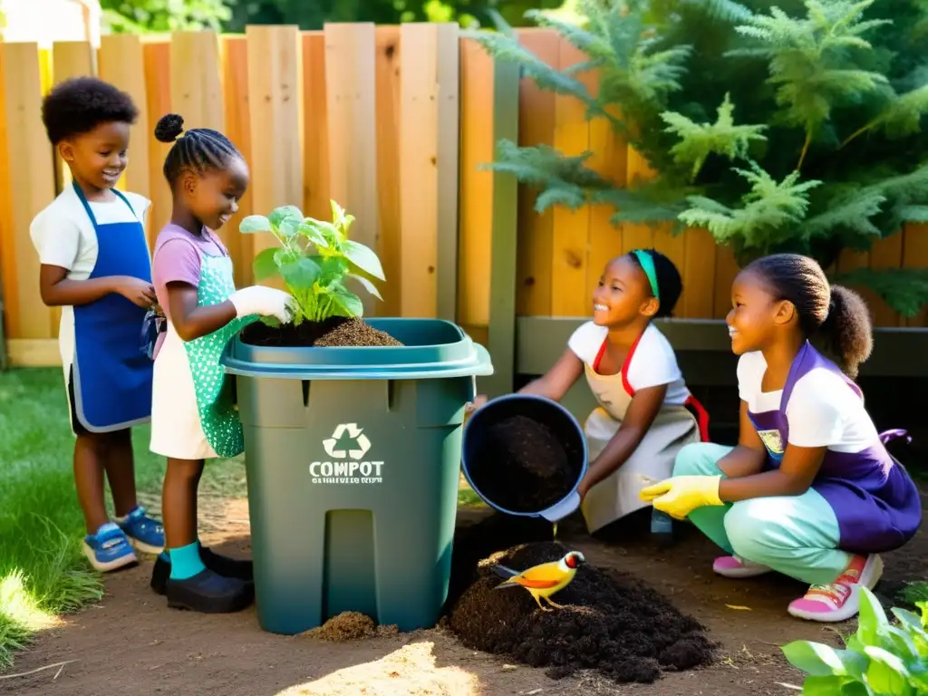 Un grupo de niños aprendiendo prácticas de compostaje en el hogar, rodeados de naturaleza y coloridas demostraciones educativas