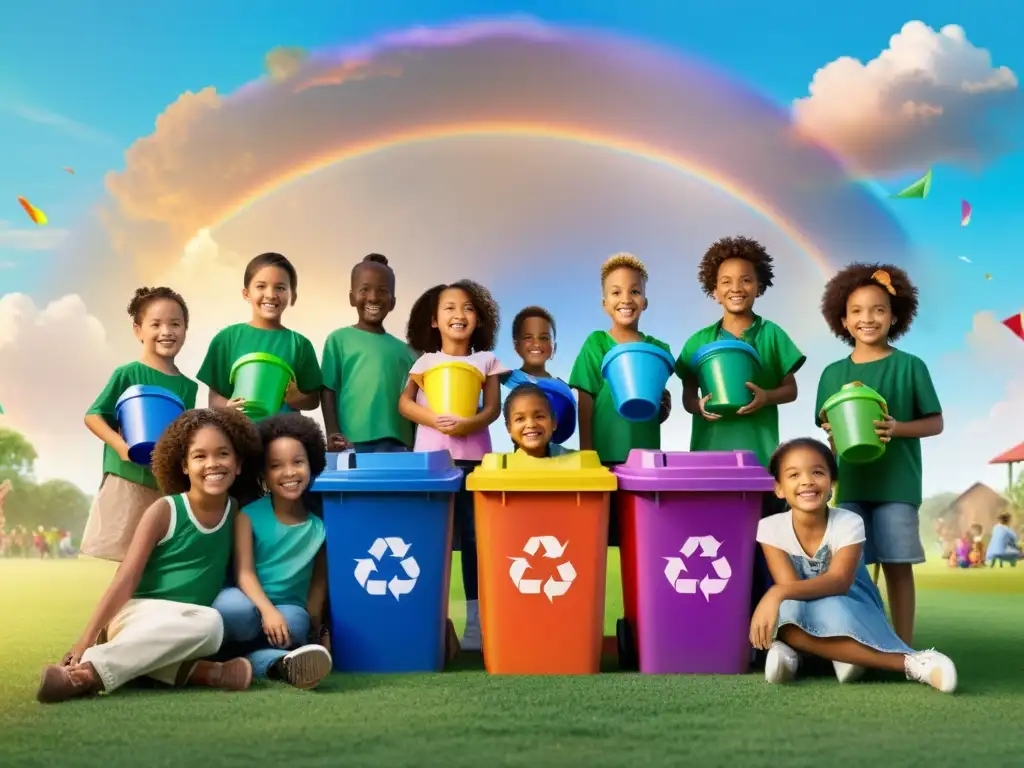 Grupo de niños mostrando sus proyectos reciclados en un campo con arcoíris, simbolizando historias infantiles reciclaje sostenibilidad