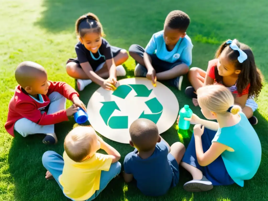 Un grupo de niños disfruta aprendiendo sobre reciclaje al aire libre, clasificando materiales en contenedores con símbolos de reciclaje