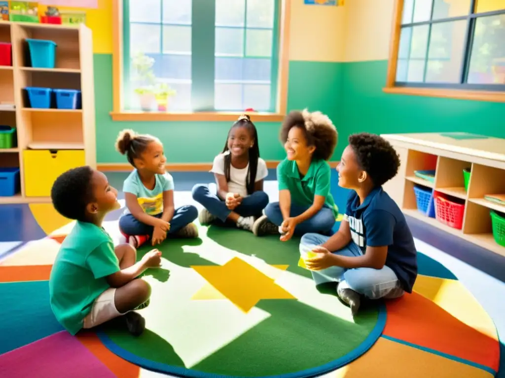 Un grupo de niños diversos discute sobre reciclaje en un aula colorida