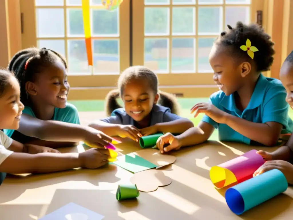 Grupo de niños realizando reciclaje creativo con materiales coloridos, mostrando su influencia artística y su percepción única