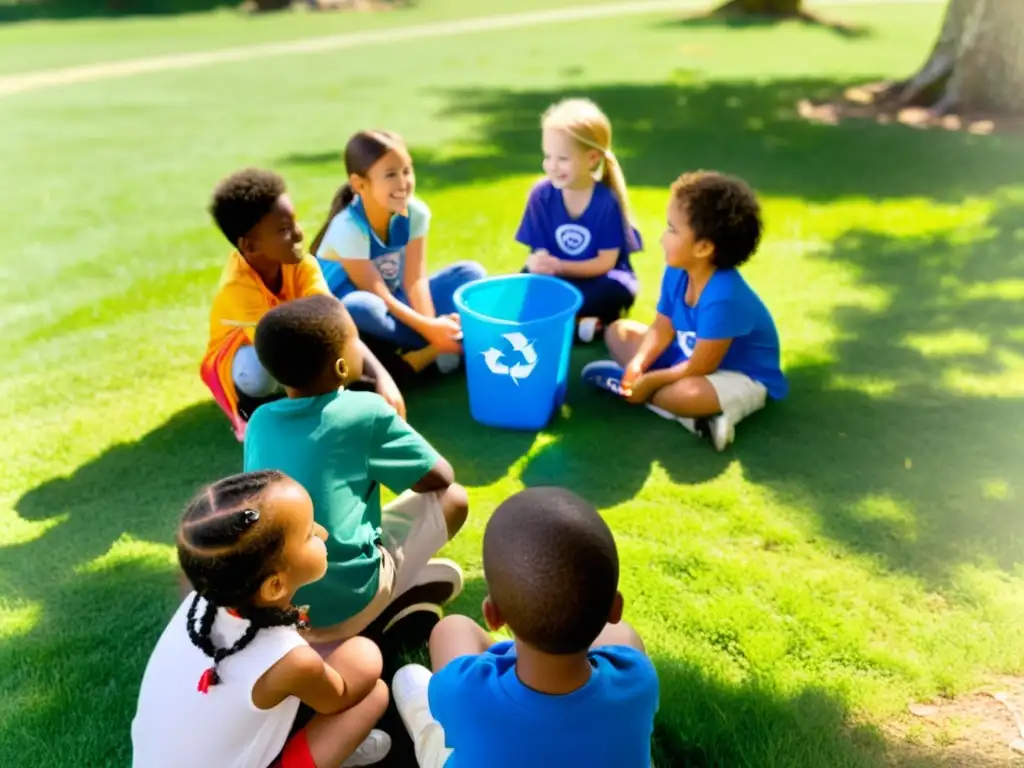 Grupo de niños aprendiendo sobre responsabilidad ambiental en un círculo en el campo, rodeados de naturaleza y contenedores de reciclaje coloridos