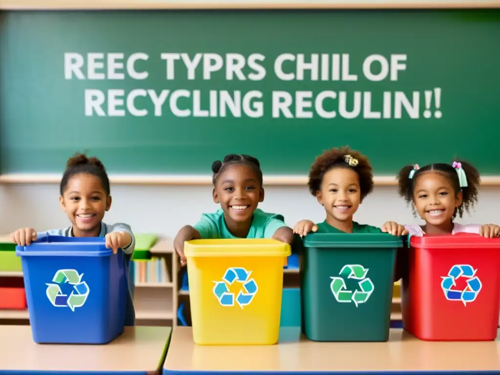 Un grupo de niños sonrientes en un aula bien iluminada, sosteniendo contenedores de reciclaje etiquetados