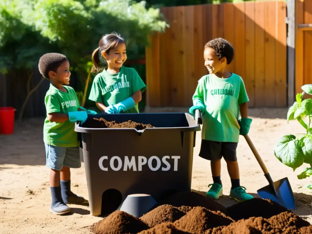 Grupo de niños sonrientes girando el compost en el jardín