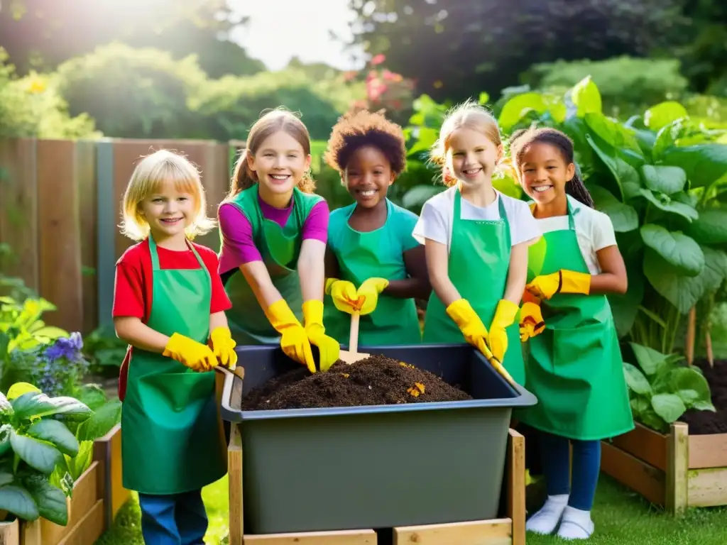 Grupo de niños sonrientes creando compost en un jardín exuberante