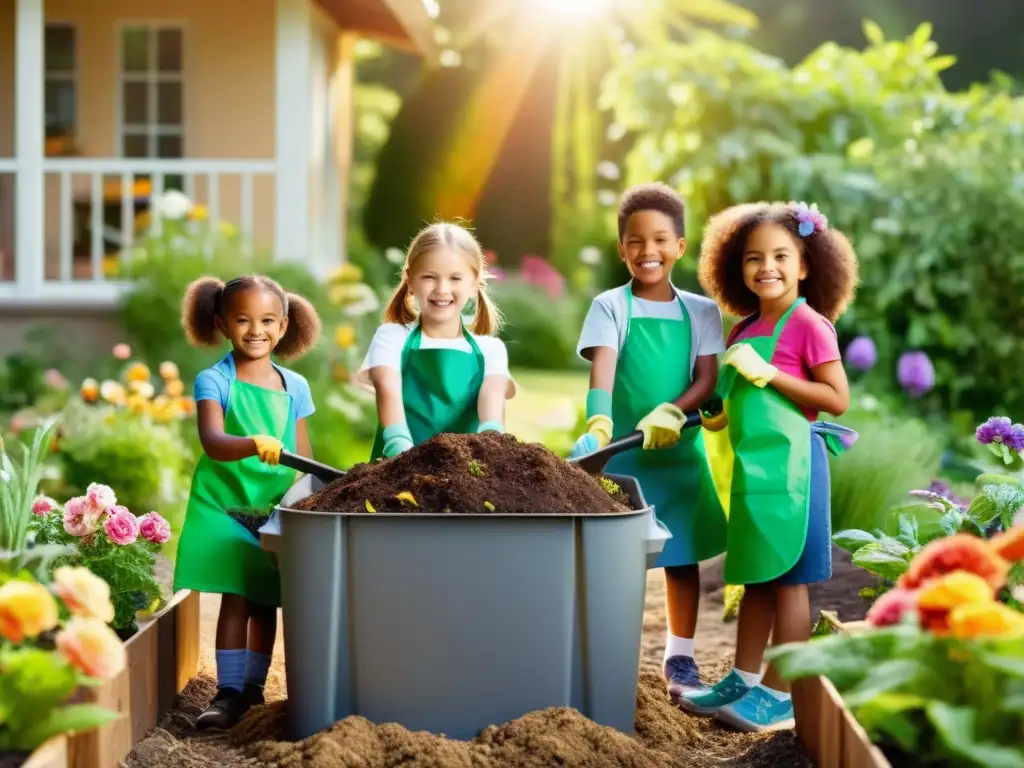 Grupo de niños sonrientes trabajando en equipo alrededor de un compostaje en un jardín soleado, promoviendo la educación sostenible para niños