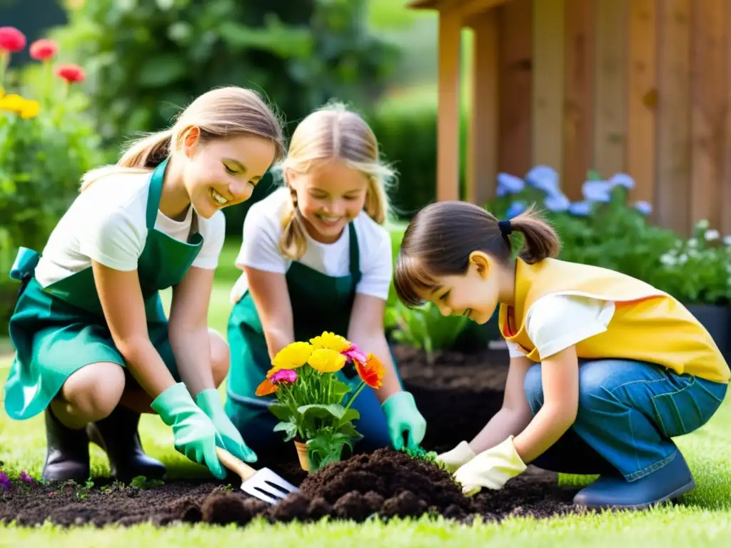 Un grupo de niños sonrientes plantando flores en un jardín, con herramientas de jardinería sostenible para niños, bajo el cálido sol