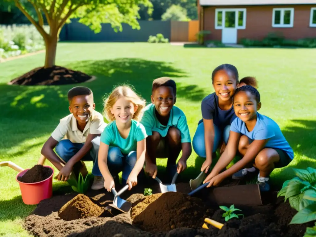 Un grupo de niños sonrientes trabajando juntos en un jardín, sujetando palas y cubos de compostaje