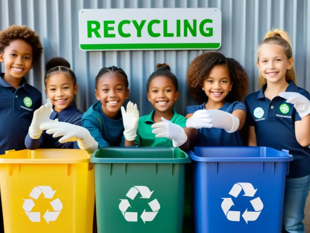 Un grupo de niños diversos sonrientes sostienen materiales reciclables frente a contenedores de basura etiquetados