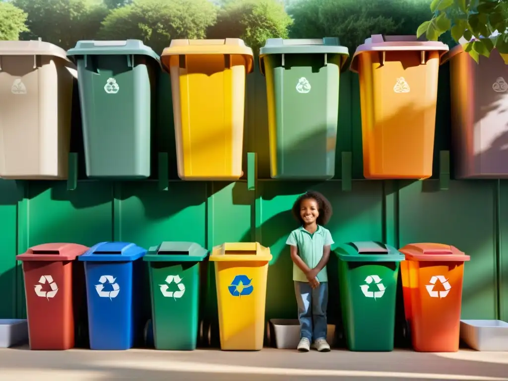 Un grupo de niños diversos sonrientes aprenden a separar residuos correctamente frente a coloridos contenedores de reciclaje