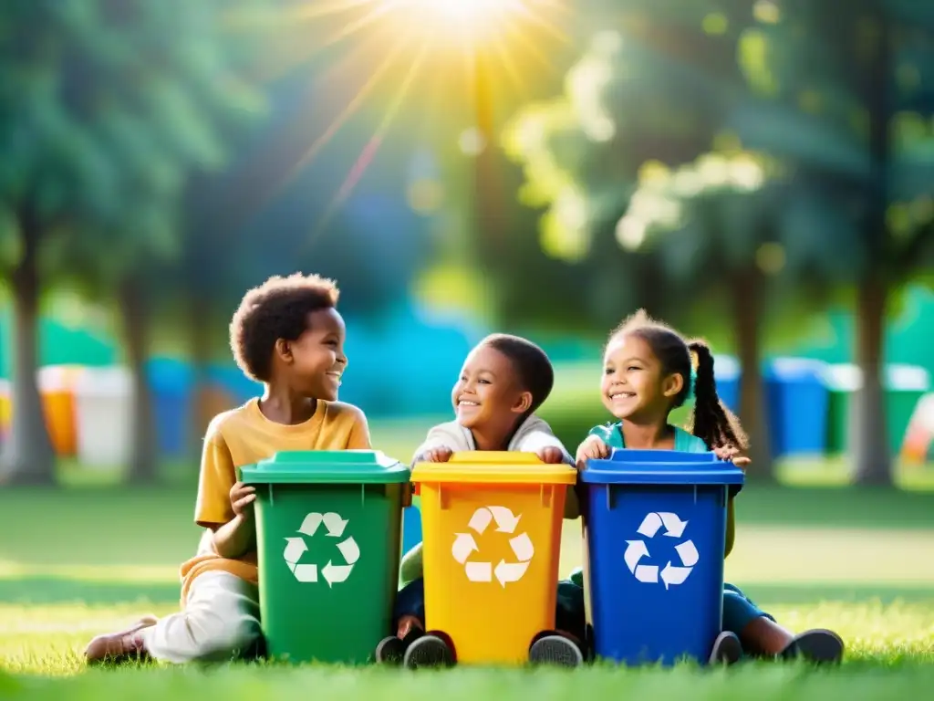 Un grupo de niños diversos sonrientes, sentados en un círculo en un campo verde, rodeados de contenedores de reciclaje coloridos