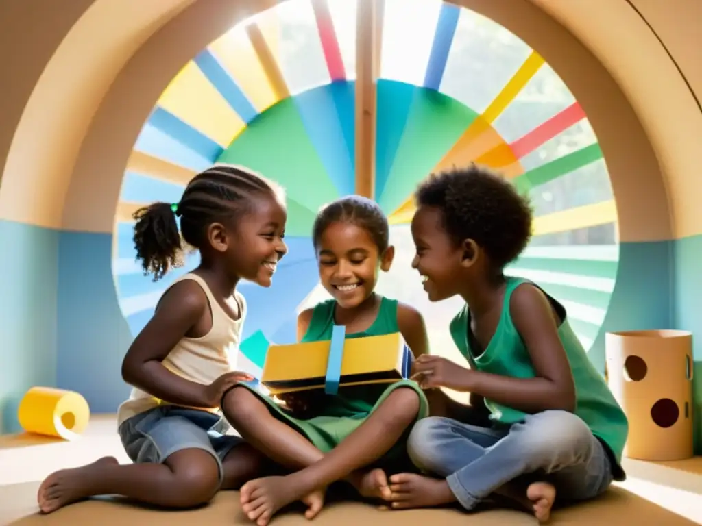 Grupo de niños sonrientes en taller reciclaje, tocando instrumentos musicales reutilizados hechos a mano con materiales reciclados