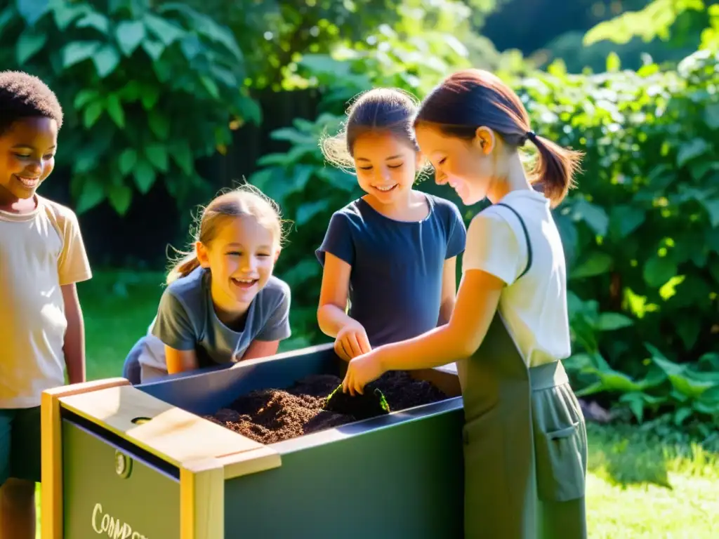 Grupo de niños sonrientes compartiendo en un jardín verde mientras añaden restos de comida a un compost