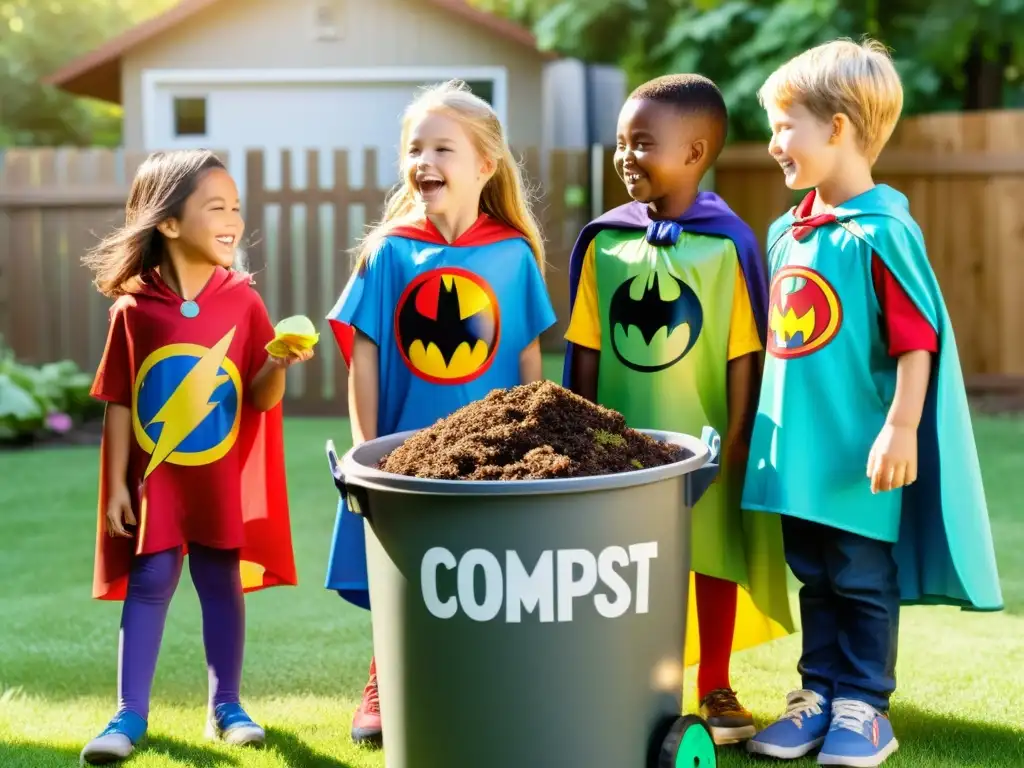 Un grupo de niños con trajes de superhéroes vierten desechos de comida y jardín en un compostero, rodeados de naturaleza exuberante