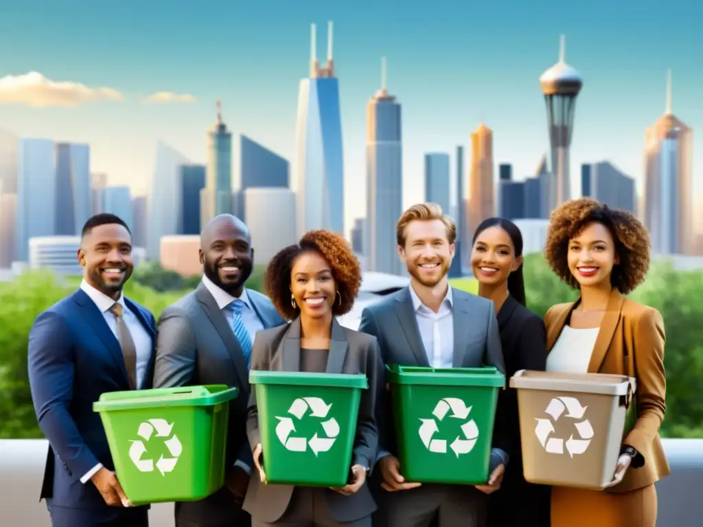 Un grupo de personas diversas sostiene contenedores de reciclaje frente a una ciudad futurista sostenible