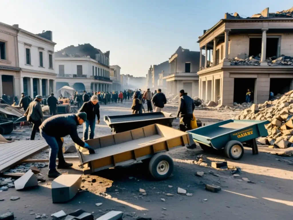 Grupo de personas reciclando materiales en una ciudad destruida por la guerra