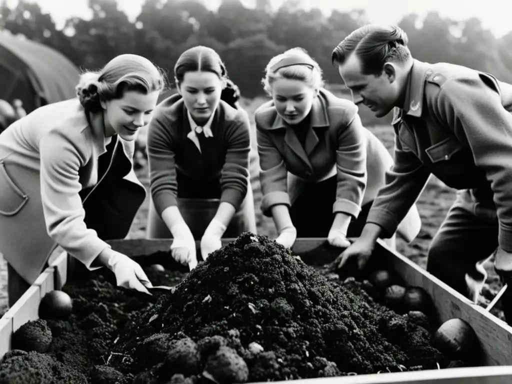 Un grupo de personas durante la Segunda Guerra Mundial compostaje en tiempos de crisis, creando suelo fértil para cultivar alimentos