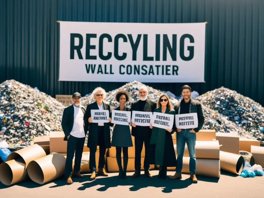 Un grupo de pioneros activistas del pasado siglo frente a un centro de reciclaje, sosteniendo mensajes sobre la conservación del medio ambiente