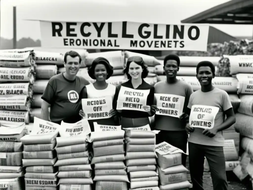 Grupo de pioneros activistas del reciclaje en los años 60, promoviendo la conciencia ambiental en un centro de reciclaje con periódicos y botellas