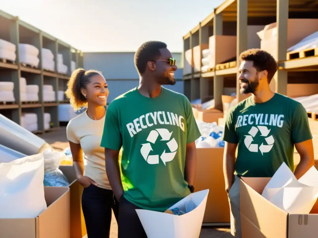 Un grupo de pioneros del reciclaje, activistas organizados, compartiendo historias frente a un centro de reciclaje al atardecer