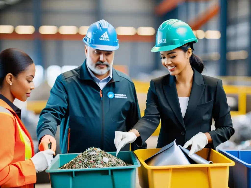 Grupo profesional ordena materiales reciclables en moderna planta de reciclaje