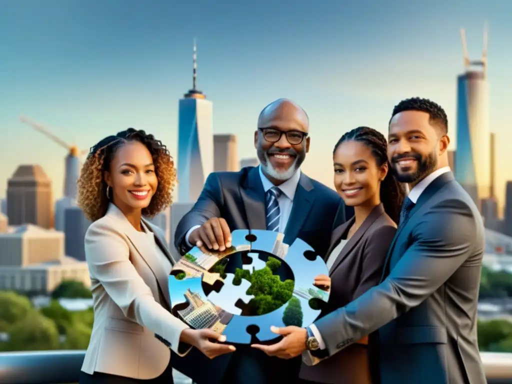 Un grupo de profesionales diversos en trajes de negocios formando un círculo, sosteniendo piezas de un rompecabezas, con un horizonte de ciudad al fondo, simbolizando alianzas estratégicas para emprendimiento reciclaje