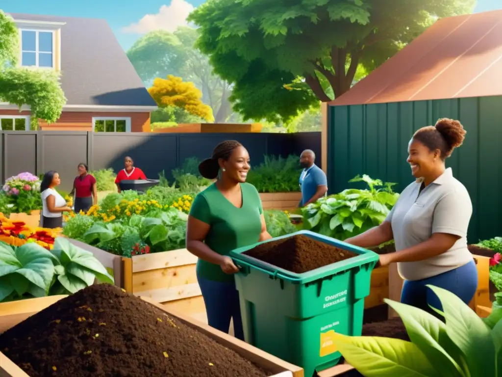 Grupo colaborando en programa compostaje comunitario inicio en jardín con plantas verdes y flores coloridas