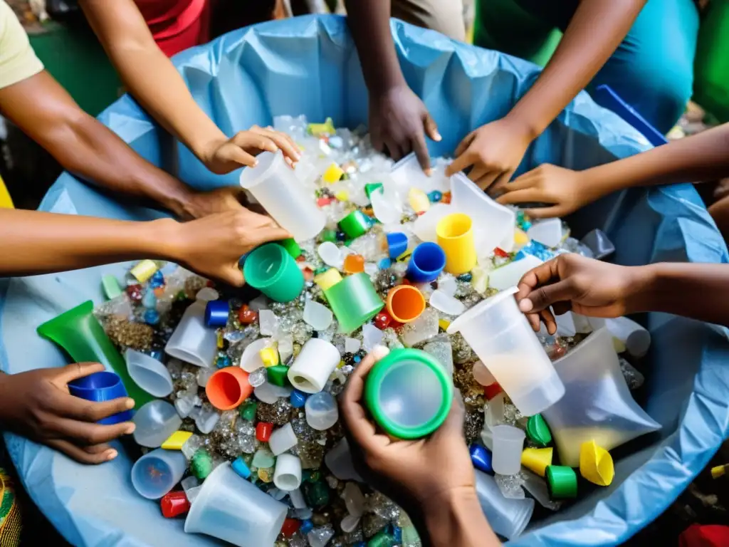 Un grupo de residentes en una favela brasileña trabajando juntos en el reciclaje de distintos tipos de residuos