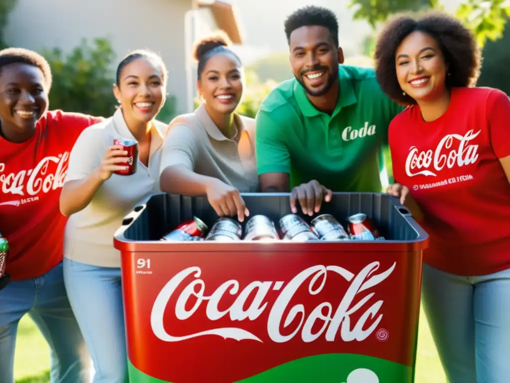 Grupo sonriente participa en la Campaña 'Share a Coke and a Smile' reciclaje envases, irradiando alegría y conciencia ambiental