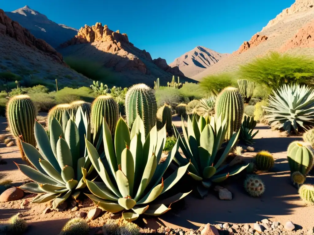 Un grupo de cactus y suculentas floreciendo en un paisaje desértico, resaltando la belleza y resistencia del entorno árido