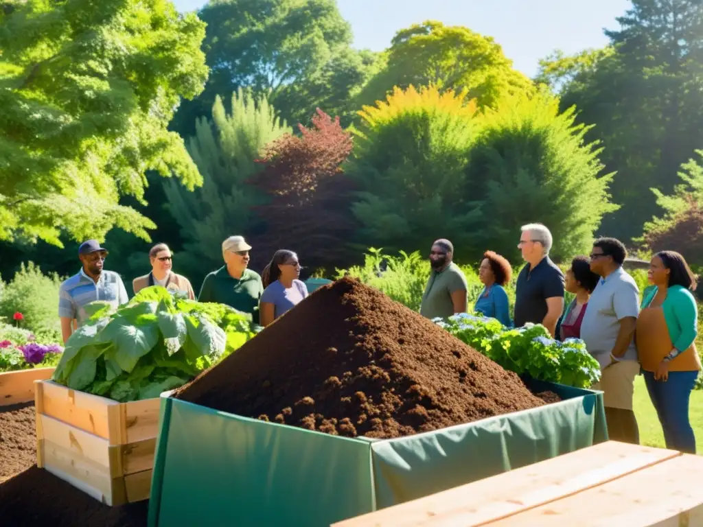 Grupo participa en talleres de compostaje en la comunidad, junto a un gran montón de compost en un jardín soleado