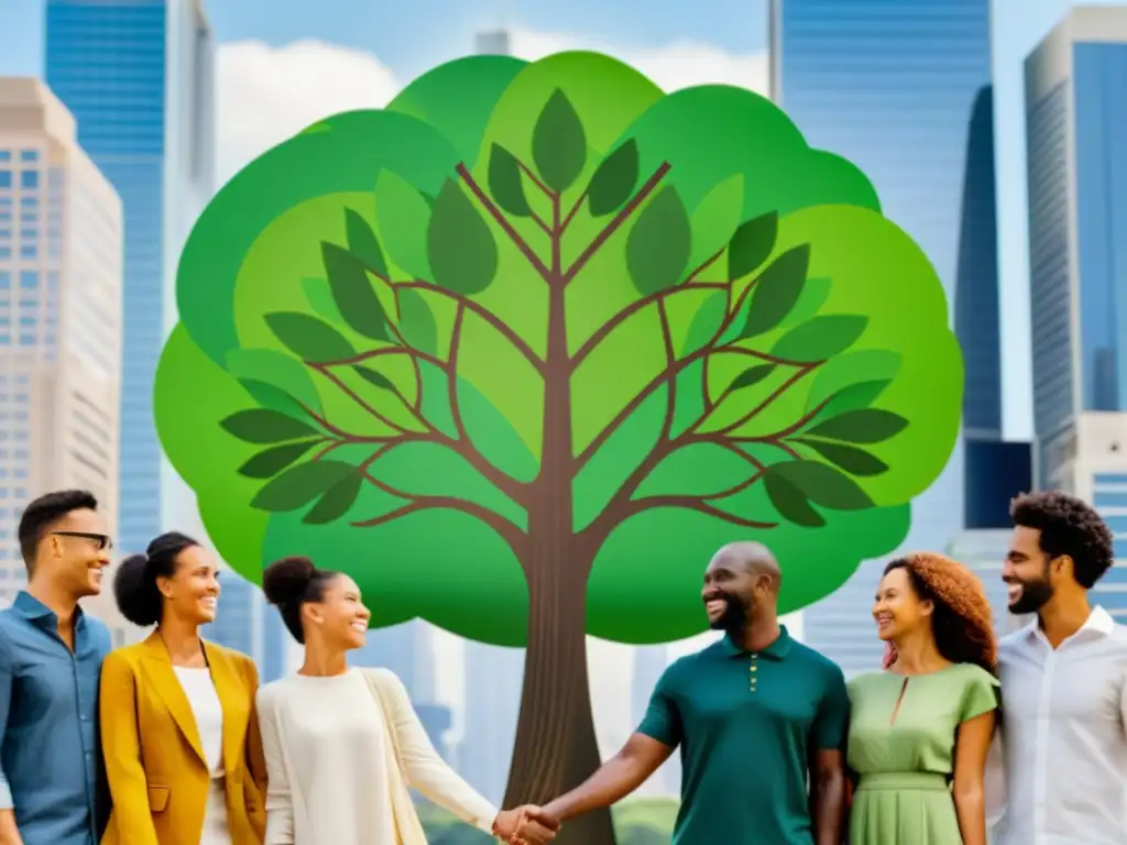 Grupo unido de personas con ideas creativas productos sostenibles, rodeando un árbol vibrante en la ciudad