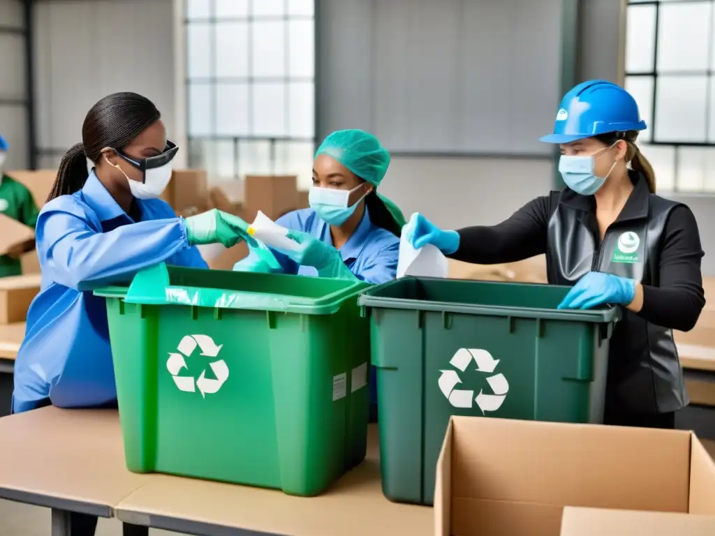 Grupo variado separa residuos en bins para reciclaje