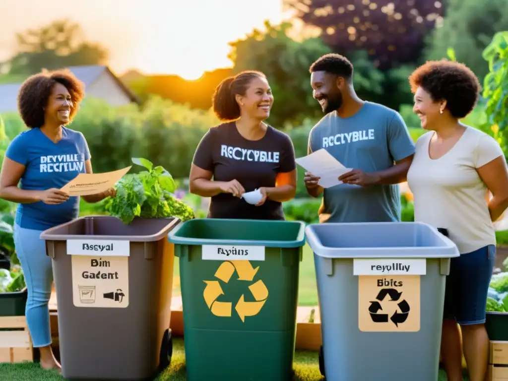 Un grupo de vecinos diversos sonriendo, clasificando materiales reciclables en un jardín comunitario al atardecer