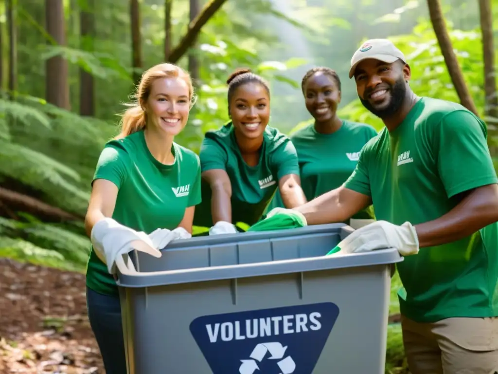 Un grupo de voluntarios ordena materiales reciclables en un bosque