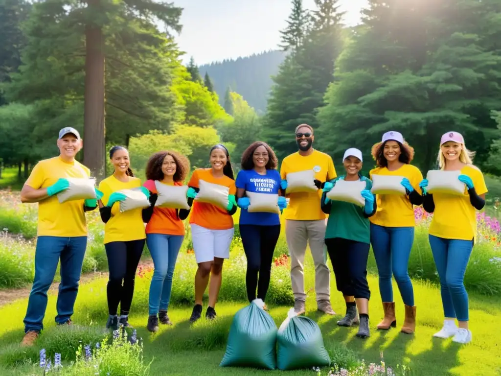 Un grupo de voluntarios diversos sonrientes sostienen bolsas reutilizables llenas de materiales reciclables en un parque verde exuberante