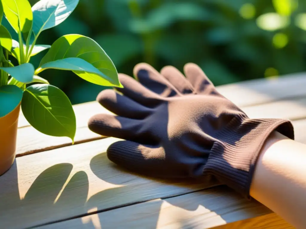 Guantes de jardinería sostenibles orgánicos descansando sobre mesa de madera, con luz solar filtrándose a través de las hojas