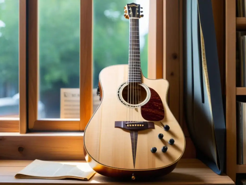 Una guitarra acústica hecha de madera reciclada, con detalles refinados y un ambiente sereno de fabricación instrumentos reciclados