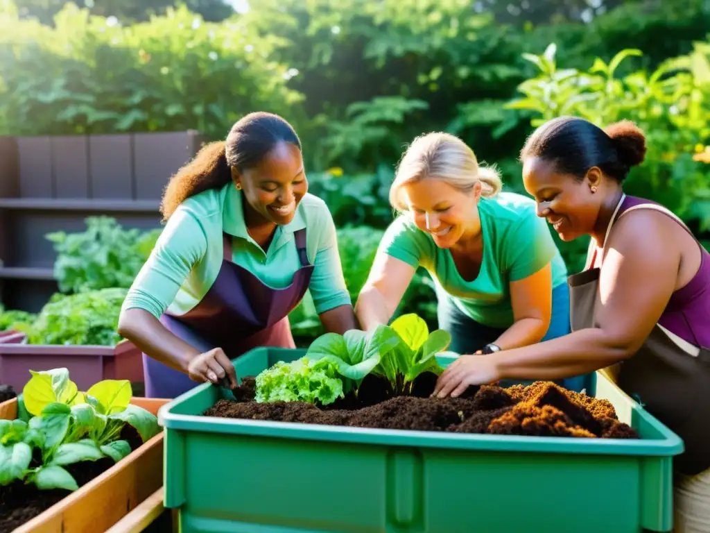 Una hermosa escena de compostaje comunitario en áreas vulnerables, con diversidad de personas en un jardín rodeado de vegetación exuberante y coloridos contenedores de compostaje en pleno funcionamiento