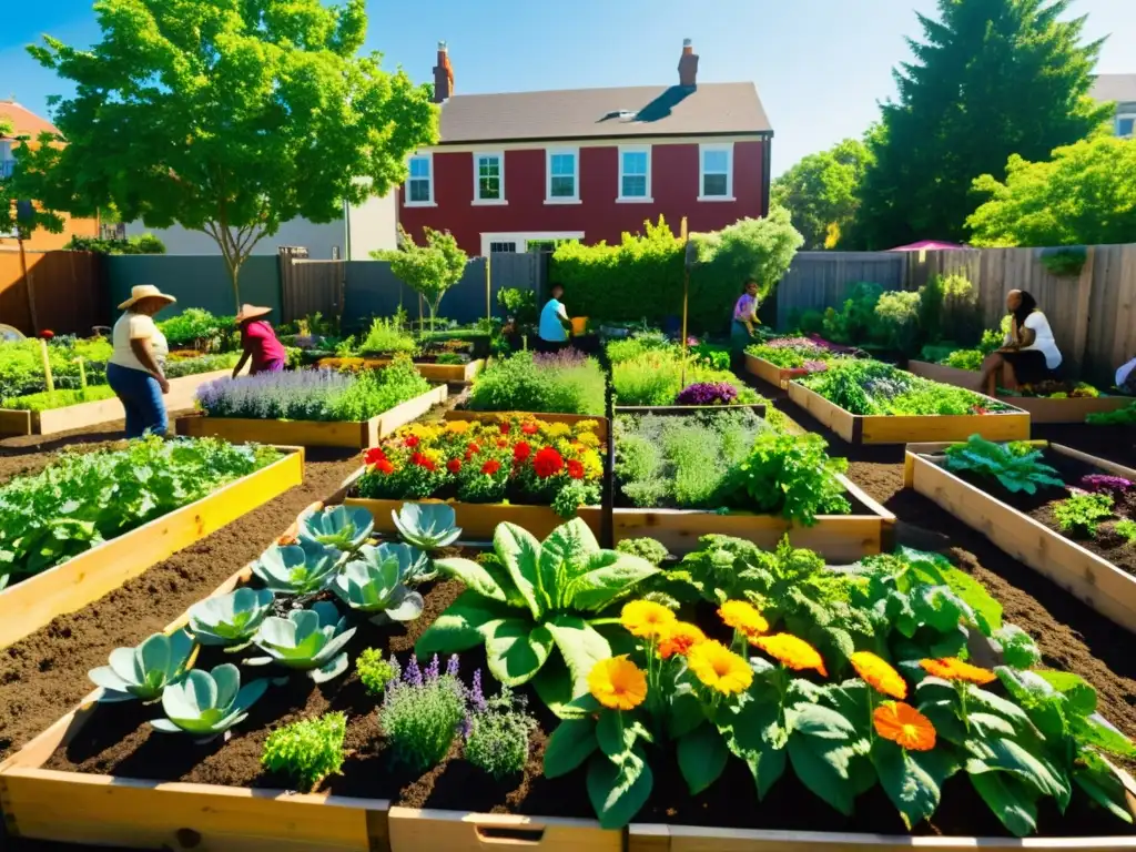 Una hermosa imagen de un jardín comunitario, donde el compostaje comunitario y prácticas sostenibles se unen en armonía