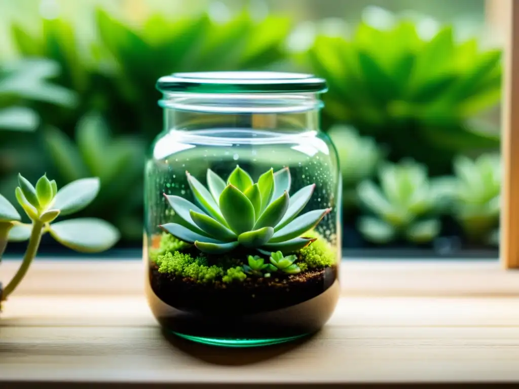 Una hermosa imagen de una jarra de vidrio reutilizada como maceta para suculentas, en una ventana de madera