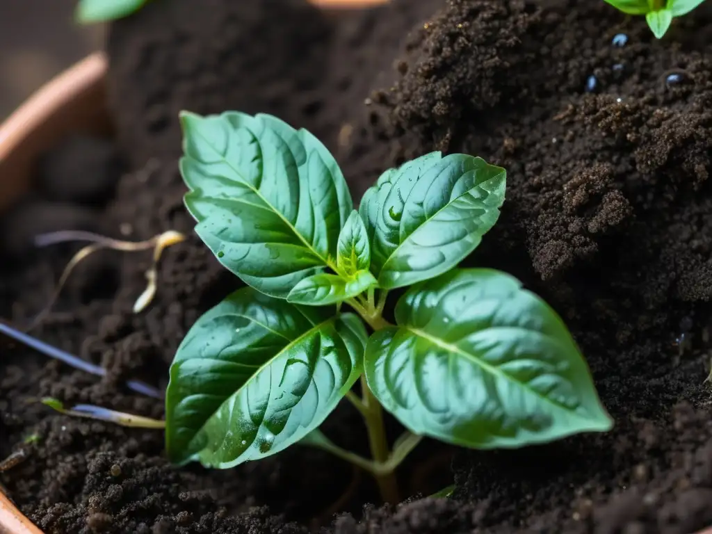 Belleza vibrante: albahaca en compost fértil Hermosa planta de albahaca verde en compost orgánico, con hojas brillantes y aromáticas, bañadas por el sol