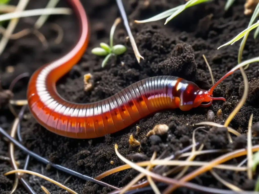 Una hermosa lombriz roja californiana en compostaje, resaltando los beneficios de la jardinería